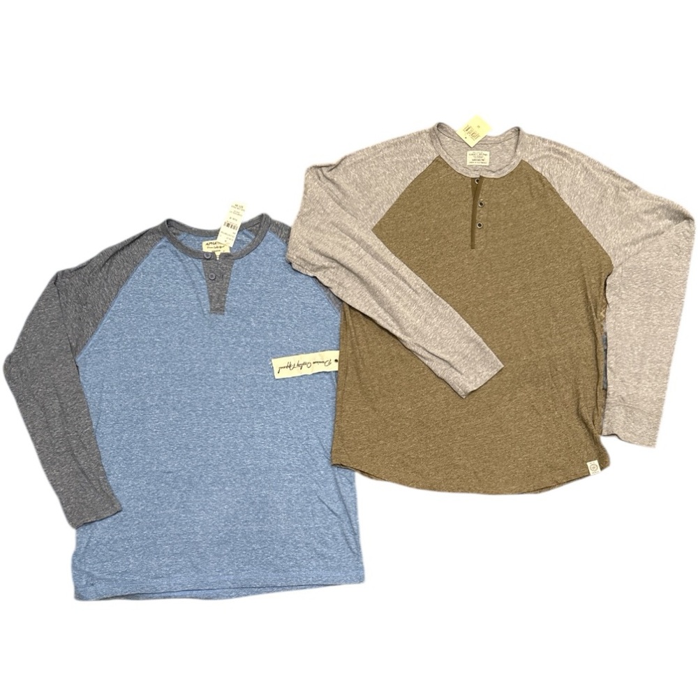 (2) men’s long sleeve 2-tone raglan henley shirts Lucky Brand Alpha Beta M NEW
